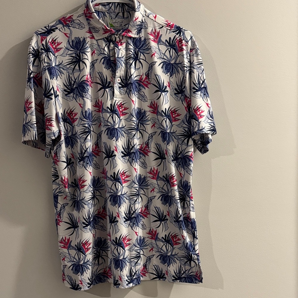 Tailorbyrd White Polo with Navy & Pink Tropical Print